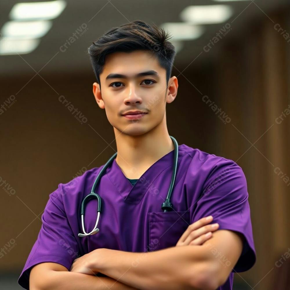 High Resolution Image. A Young Man, In A Purple Medical Uniform, Arms Crossed. Soft Focus, Hazy Bokeh Background With Natural Earth Tones Browns And Beiges. Commercial Photography Style