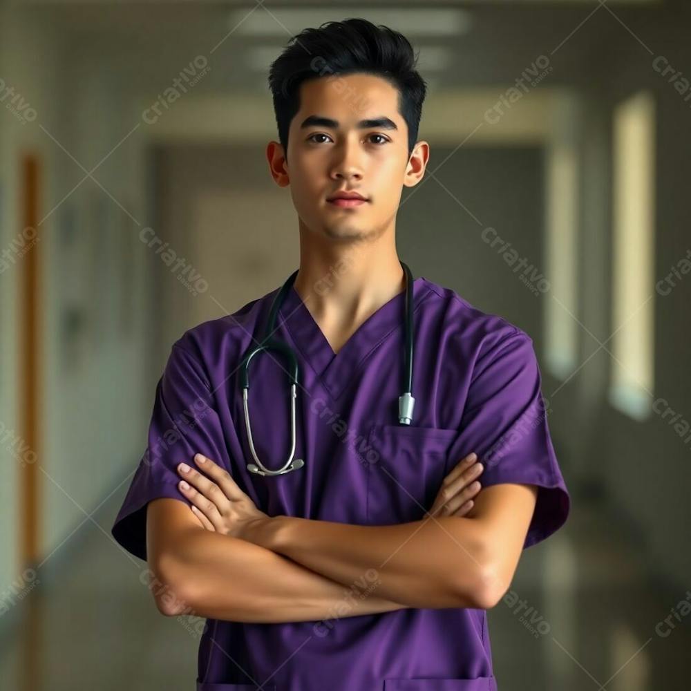 High Resolution Photo Waist Up Portrait Of A Young Man In A Purple Medical Uniform, Arms Crossed. Soft Focus, Hazy Background With Bokeh Effect, Earth Tones, Commercial Style