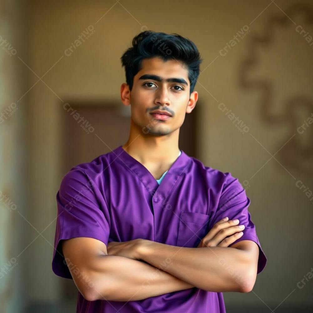 High Resolution Photo Waist Up Portrait Of A Young Man With Olive Skin, Wearing A Purple Medical Uniform, Arms Crossed. Soft Focus, Hazy Background With Bokeh Effect And Natural Earth Tones. Browns And Beiges Domina