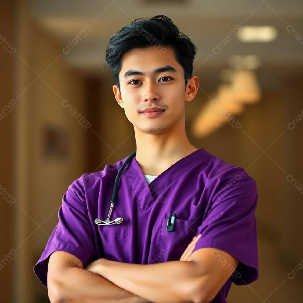 High Resolution Photo Young Man In Purple Medical Uniform, Arms Crossed, Waist Up. Soft Focus, Hazy Bokeh Background In Earth Tones Browns And Beiges. Commercial, Professional Quality, Subtle Illumination