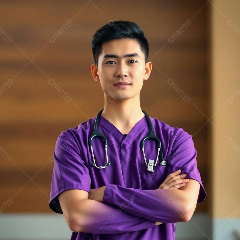 High Resolution Photograph Of A Young Man In A Purple Medical Uniform, Arms Crossed, Waist Up. The Background Features A Soft Focus Bokeh Effect In Natural Earth Tones Of Browns And Beiges. Subtle Illumination And