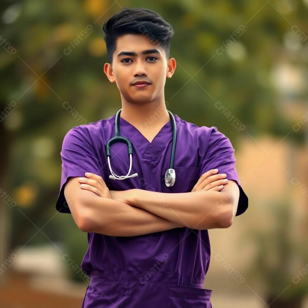 High Resolution Photograph Of A Young Man In A Purple Medical Uniform. The Shot Is A Waist Up Composition With Arms Crossed. A Bokeh Effect And Natural Earth Tones Dominate The Softly Focused Background. Commercial