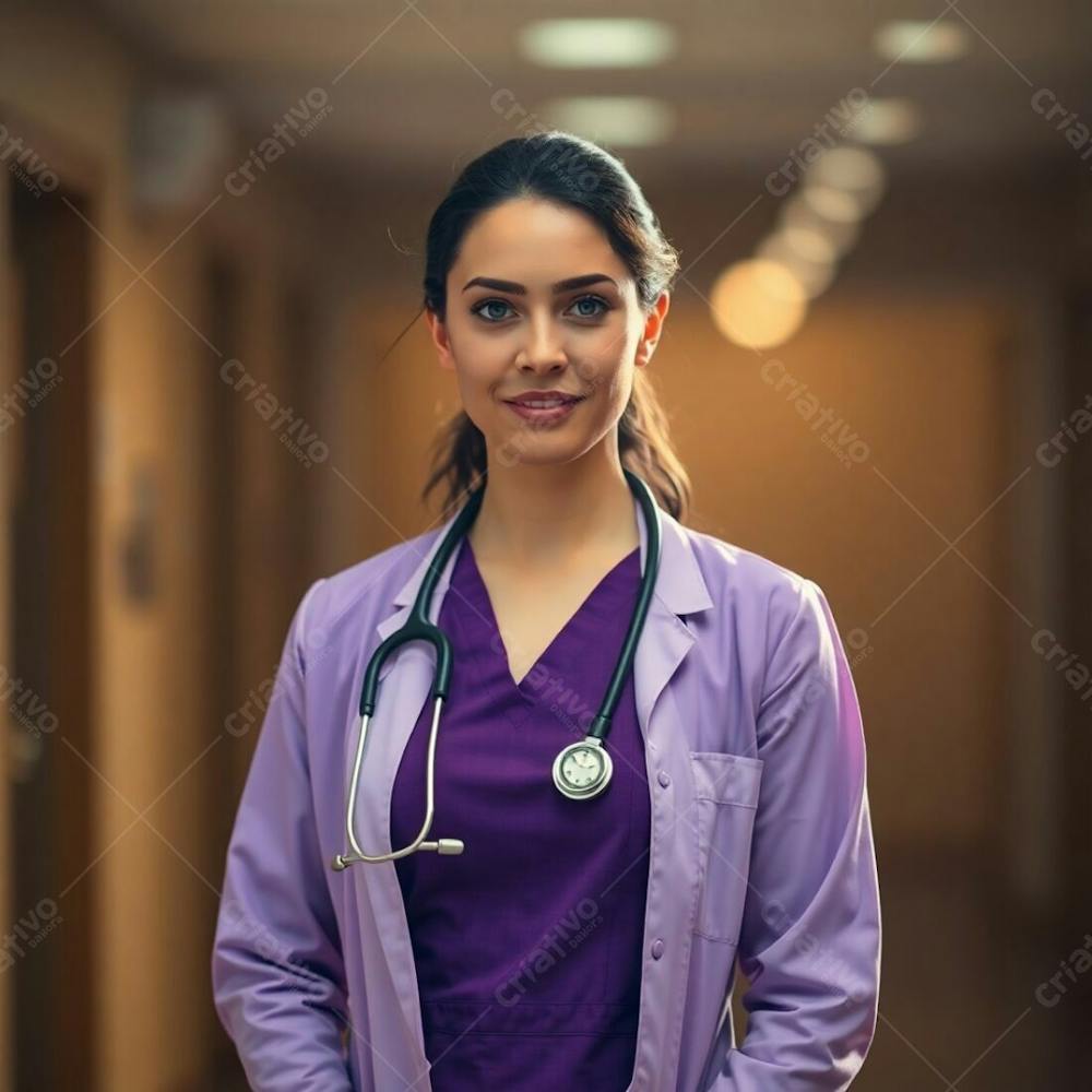 High Resolution Stock Photo A Doctor In A Purple Dress Is The Central Focus, Blurred Background In Natural Earth Tones With A Soft Bokeh Effect. Muted Browns, Beiges, And Soft Cinematic Haze. Commercial Quality