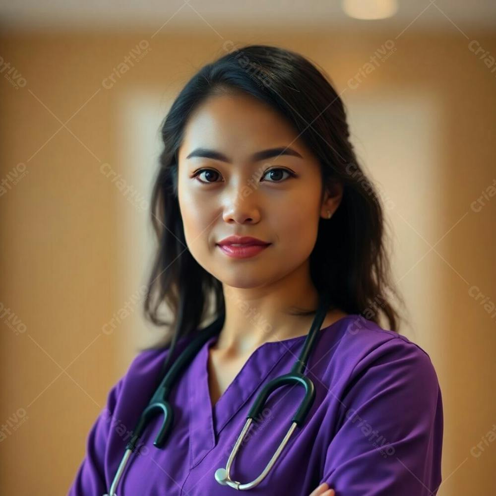 High Resolution Stock Photo A Doctor In A Purple Dress, Sharp Focus, Soft Cinematic Haze, Muted Browns And Beiges, Blurred Bokeh Background, Natural Earth Tones, Commercial Quality