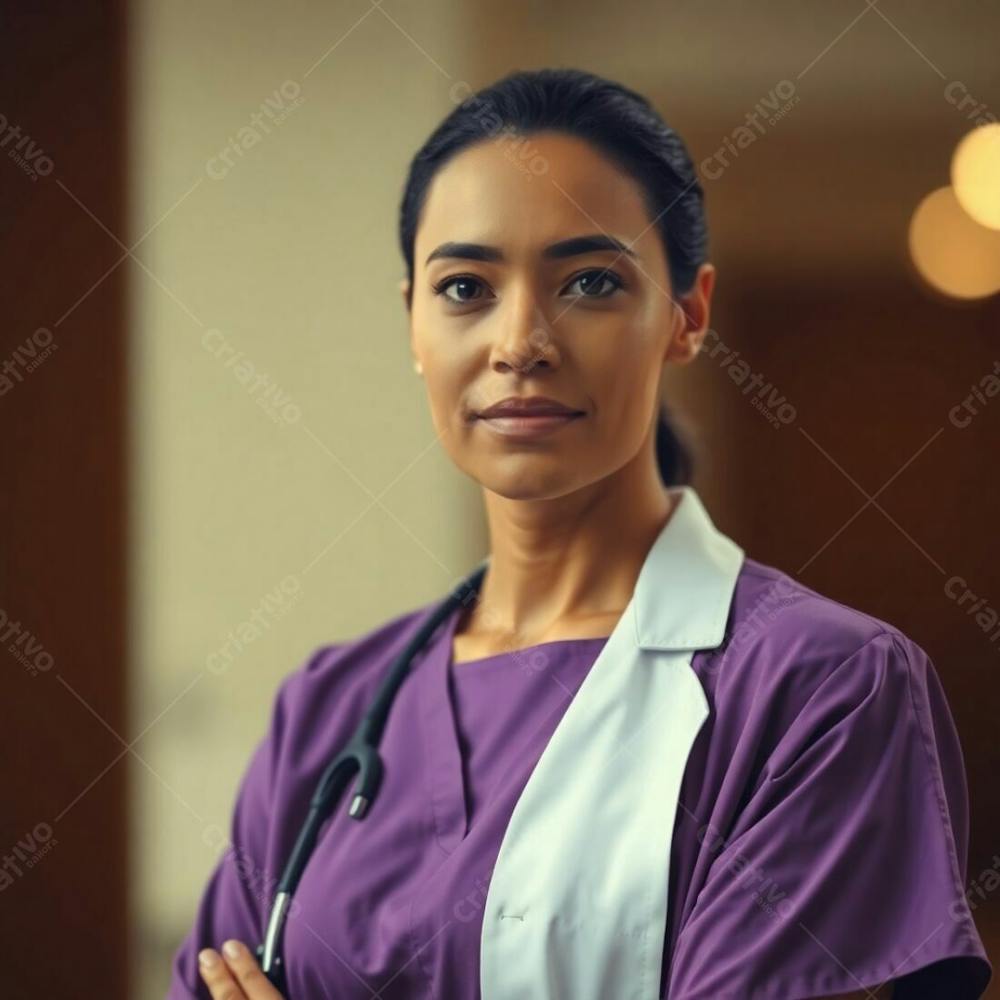 High Resolution Stock Photo A Doctor In A Purple Dress, Sharply Focused, Is The Subject. The Background Is A Soft Bokeh Effect In Muted Earth Tones Browns And Beiges. Cinematic Feel, Commercial Image