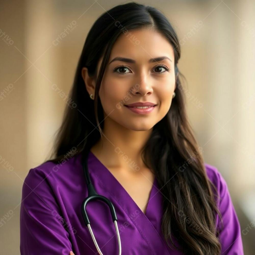 High Resolution Stock Photo A Doctor Wearing A Purple Dress, Soft Focus, Hazy Background, Earth Tones, Blurred Bokeh Effect, Muted Browns And Beiges, Professional, Commercial Feel