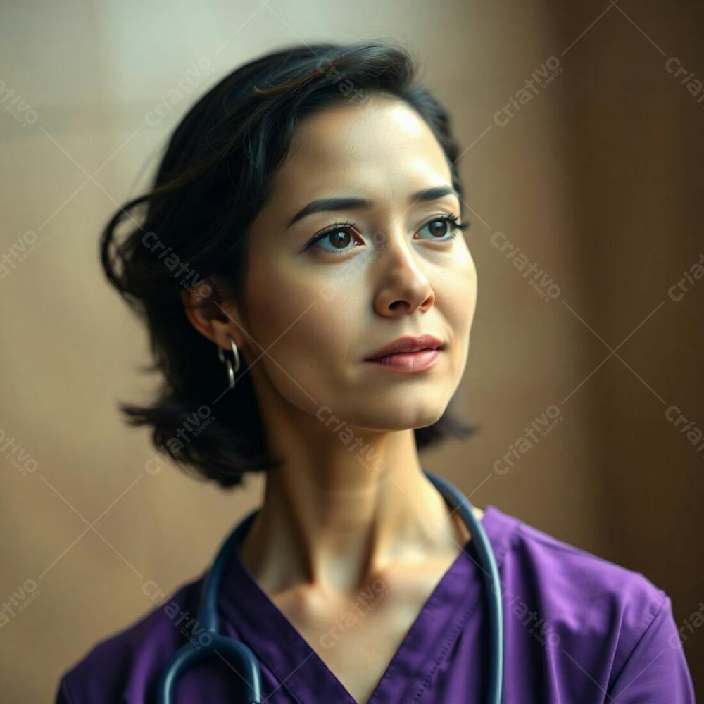 High Resolution Stock Photo A Doctor, In A Purple Dress, Is Sharply In Focus Against A Soft, Hazy Background Of Muted Browns And Beiges. Bokeh Effect, Cinematic Lighting, Commercial Quality