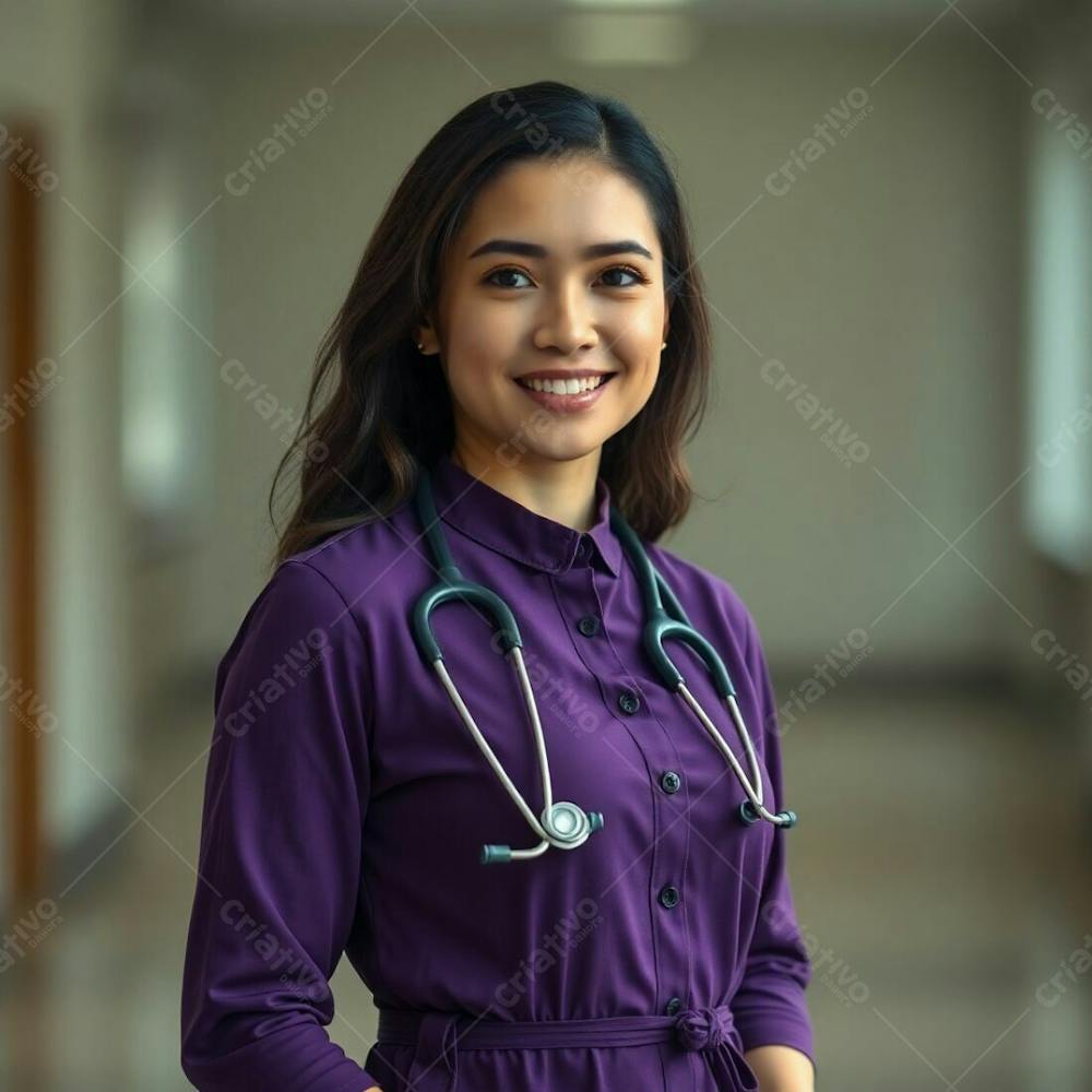 High Resolution Stock Photo A Professional Quality Image Of A Doctor In A Purple Dress, Soft Focus, Cinematic Haze, Natural Earth Tones, Bokeh Effect, Muted Color Palette, Hazy Background