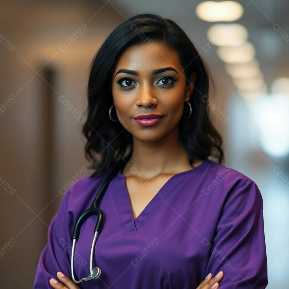 High Resolution Stock Photo A Sharply Focused Doctor Wearing A Purple Dress Against A Softly Blurred Background, Earth Tones, Bokeh, Muted Colors, Cinematic Lighting, Professional Quality