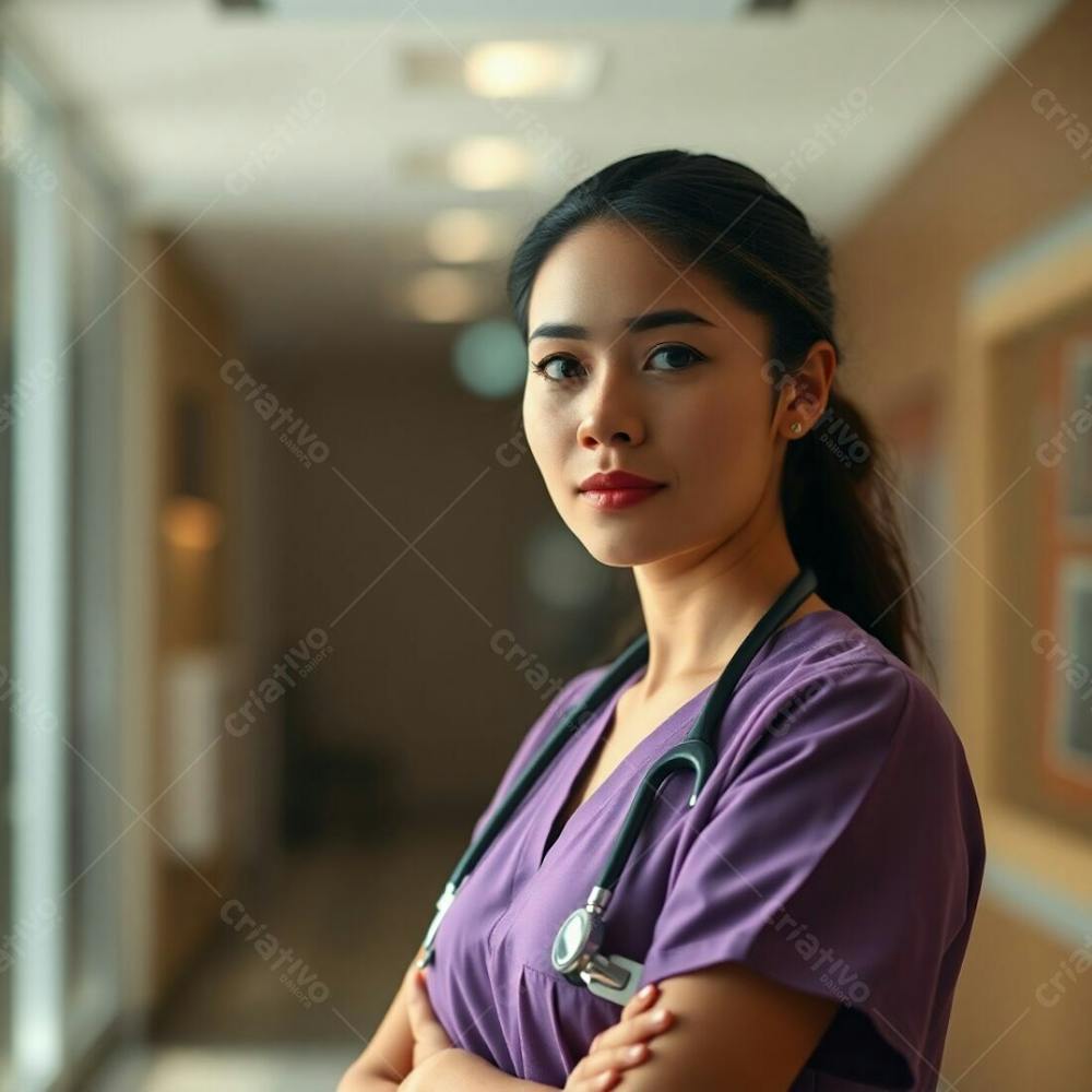 High Resolution Stock Photo A Softly Lit, Cinematic Scene Featuring A Doctor In A Purple Dress. Bokeh Background In Muted Earth Tones, Browns, And Beiges. Sharp Subject Focus, Professional Quality