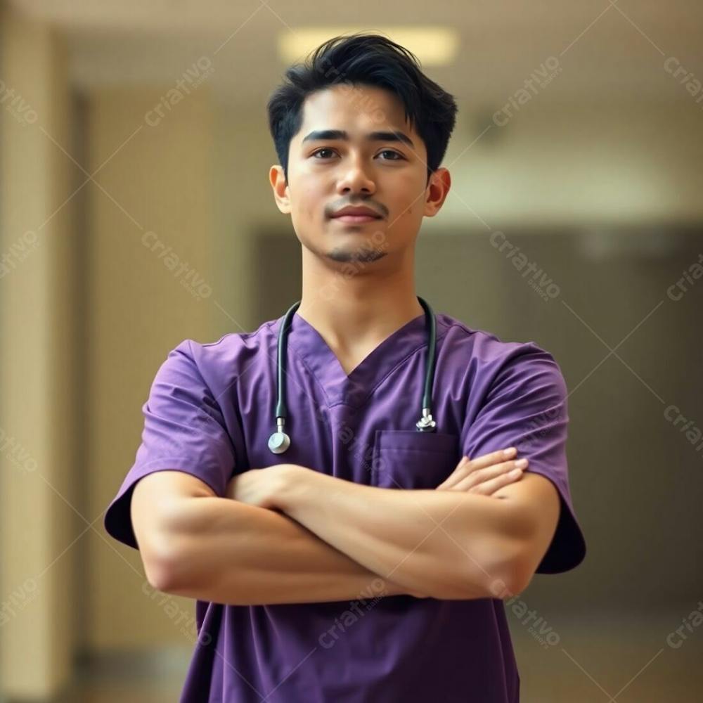 High Resolution Stock Photo A Young Man In A Purple Medical Uniform, Waist Up Shot. Arms Crossed. Soft Focus, Hazy Background, Bokeh Effect. Color Palette Natural Earth Tones, Browns, Beiges. Commercial Aesthetic