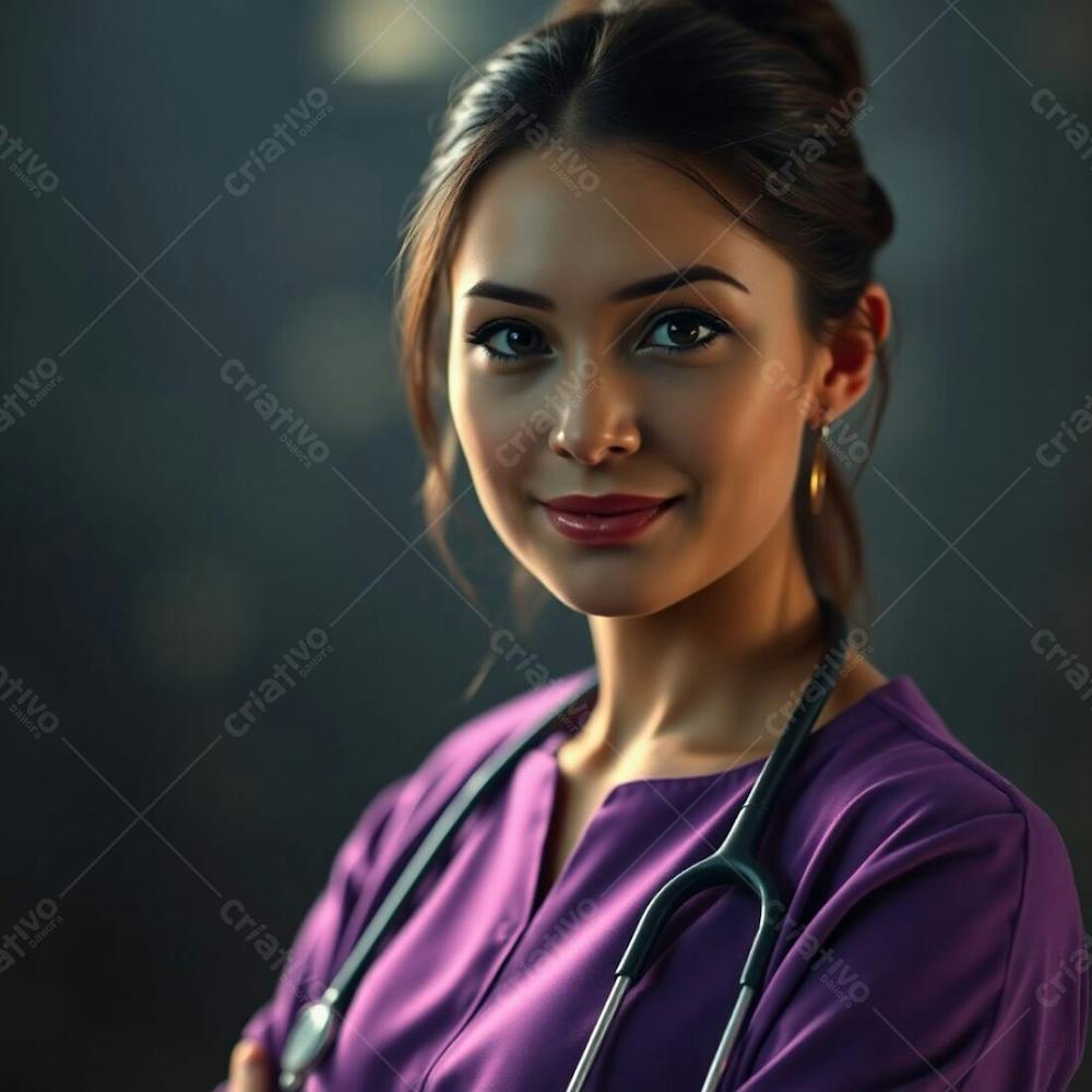 High Resolution Stock Photo Cinematic Lighting, Soft Focus, Blurred Bokeh, Hazy Background, Sharp Focus On A Doctor In A Purple Dress, Muted Earth Tones, Commercial Use