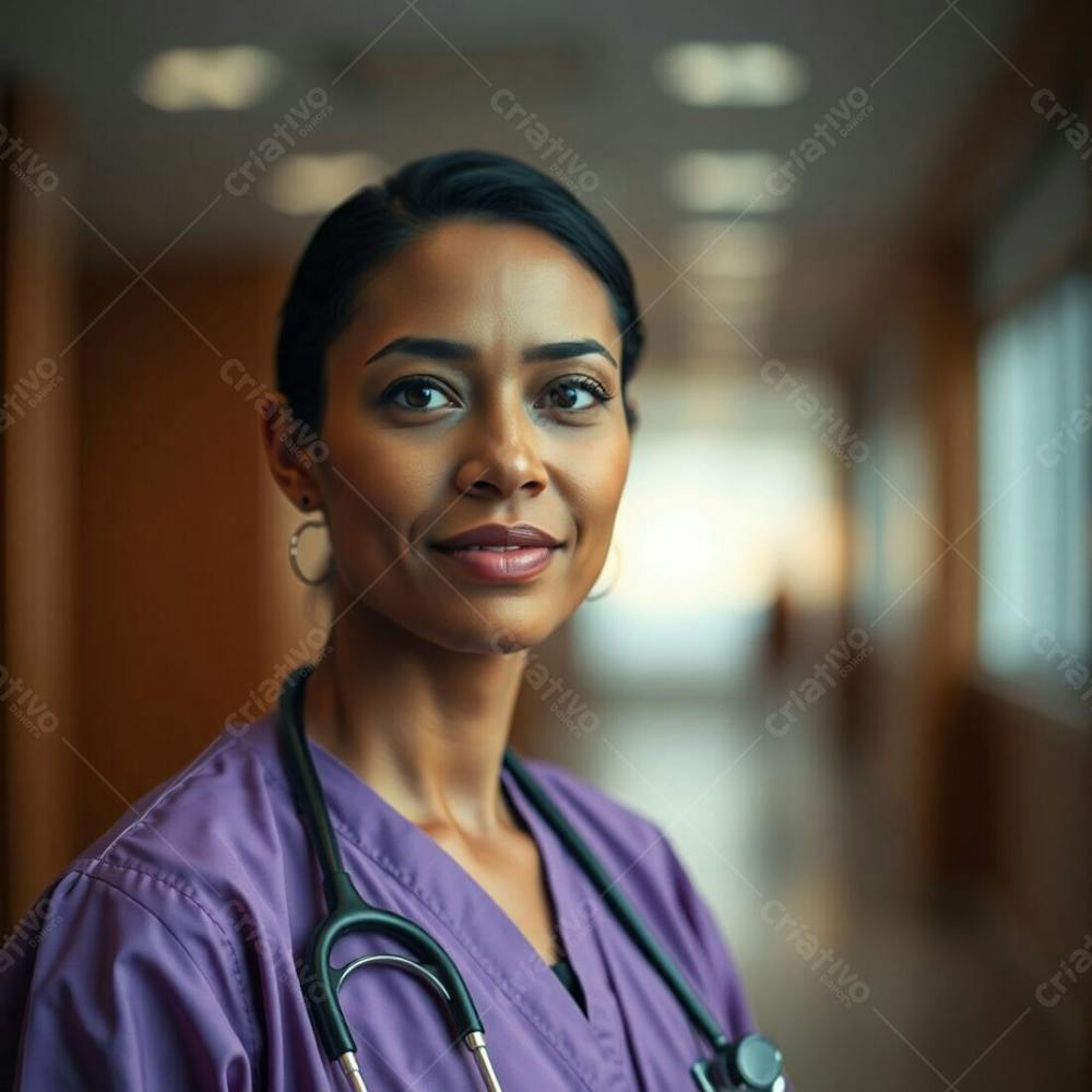 High Resolution Stock Photo Commercial Quality, Soft Cinematic Haze, Muted Earth Tones, Browns And Beiges, Sharp Focus On Doctor In Purple Dress, Blurred Bokeh Background