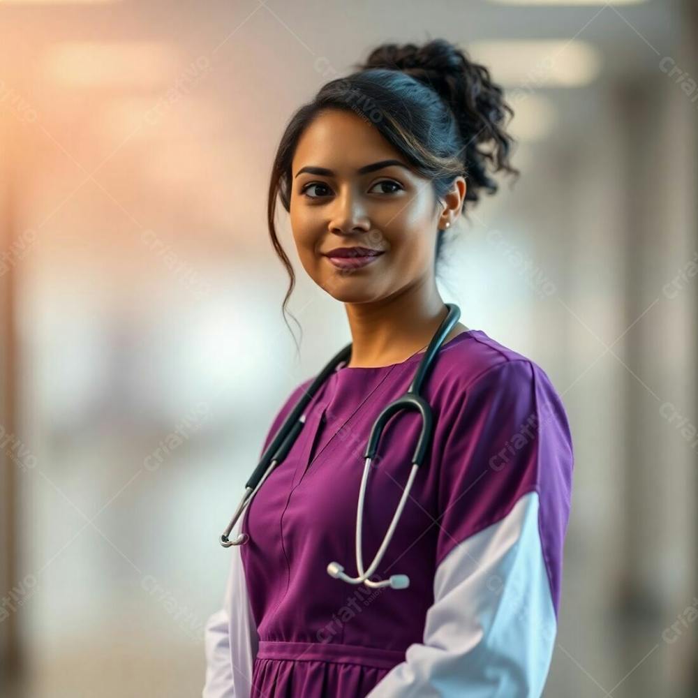 High Resolution Stock Photo Doctor In A Purple Dress, Soft Focus, Cinematic Lighting, Natural Earth Tones, Bokeh, Muted Colors, Hazy Background, Professional, Commercial Use