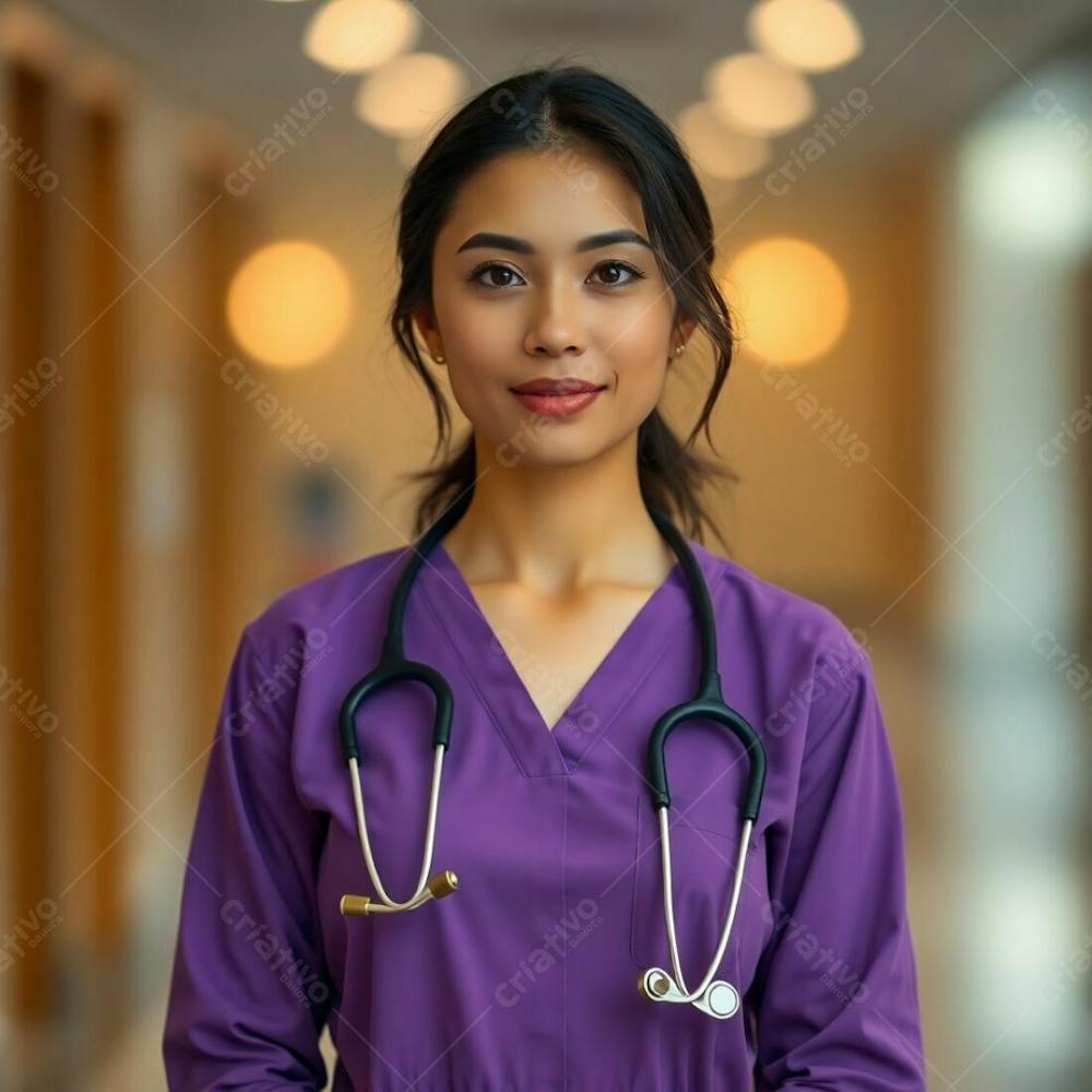 High Resolution Stock Photo Professional Quality Image, Doctor In Purple Dress, Soft Focus, Blurred Bokeh, Earth Tones, Browns, Beiges, Muted Colors, Hazy Cinematic Effect