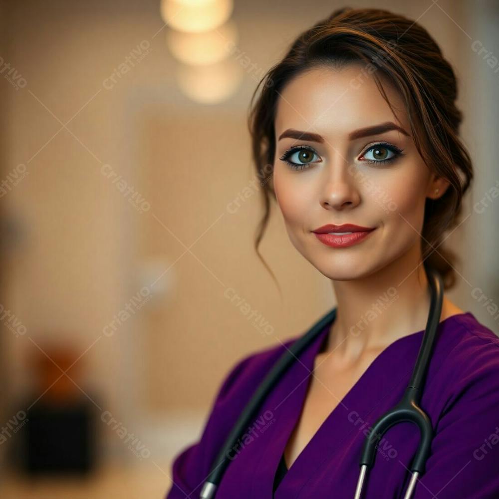 High Resolution Stock Photo Sharp Focus On A Doctor In A Purple Dress. Soft, Hazy Background With A Bokeh Effect. Colors Are Muted Earth Tones, Browns, And Beiges. Cinematic Lighting, Professional Quality