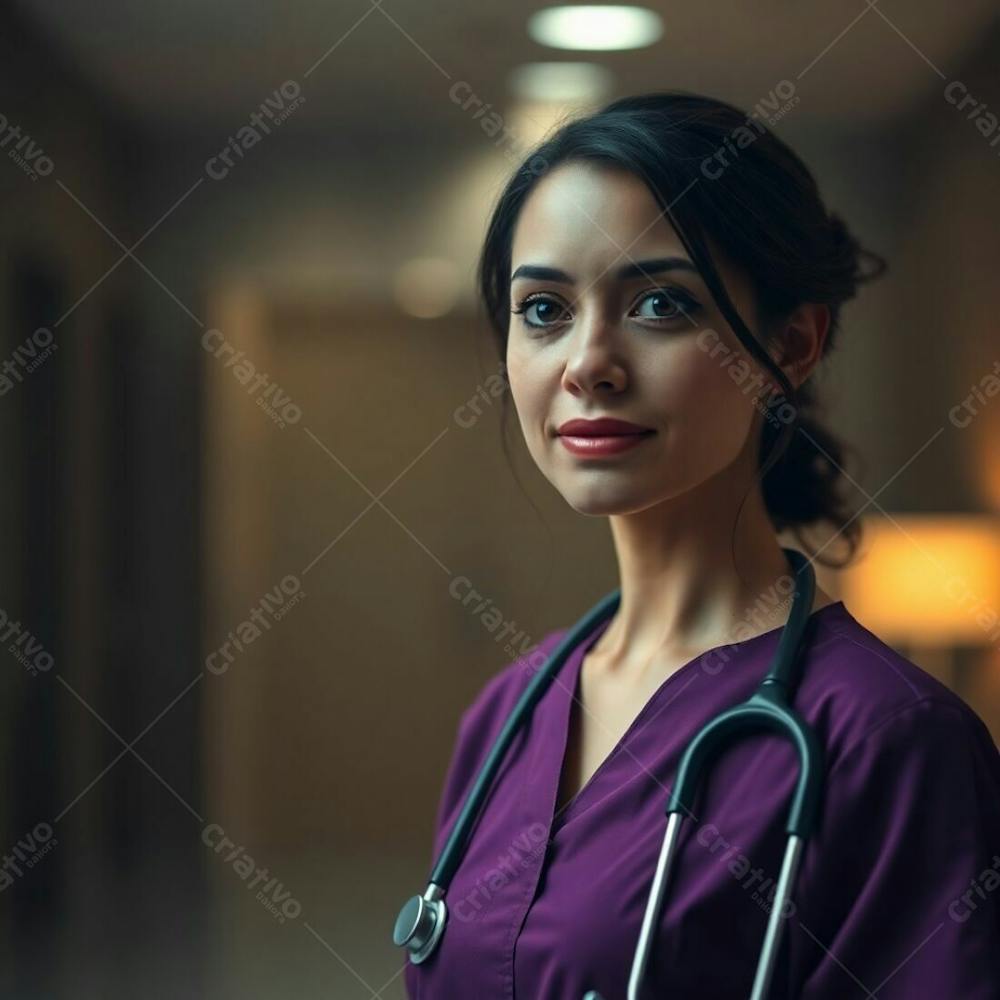 High Resolution Stock Photo Softly Lit Image Of A Doctor In A Purple Dress, Shallow Depth Of Field Emphasizing The Subject. Muted Earth Tone Color Palette, Hazy Background, Bokeh Lights. Professional Quality