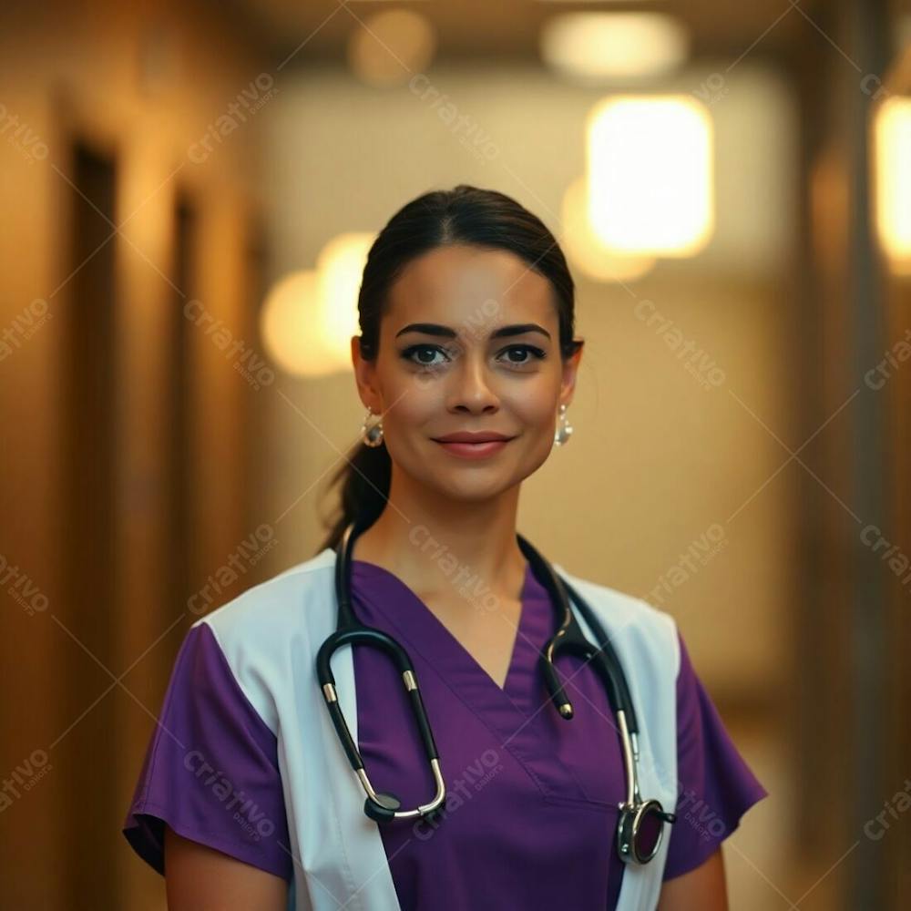 High Resolution Stock Photo A Doctor In A Purple Dress Soft Cinematic Hazy Background Blurred Bokeh, Natural Earth Tone Colors Browns And Beiges, Sharp Focus Commercial Quality