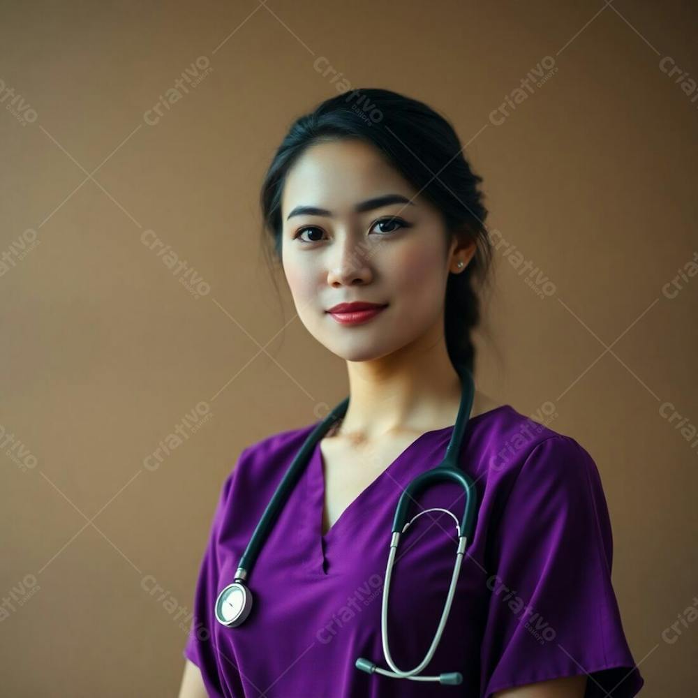 High Resolution Stock Photo A Doctor In A Purple Dress Stands Out Against A Gently Blurred Background. Earth Tones, Muted Colors, Soft Cinematic Lighting And Bokeh Effect. Professional, Commercial Aesthetic