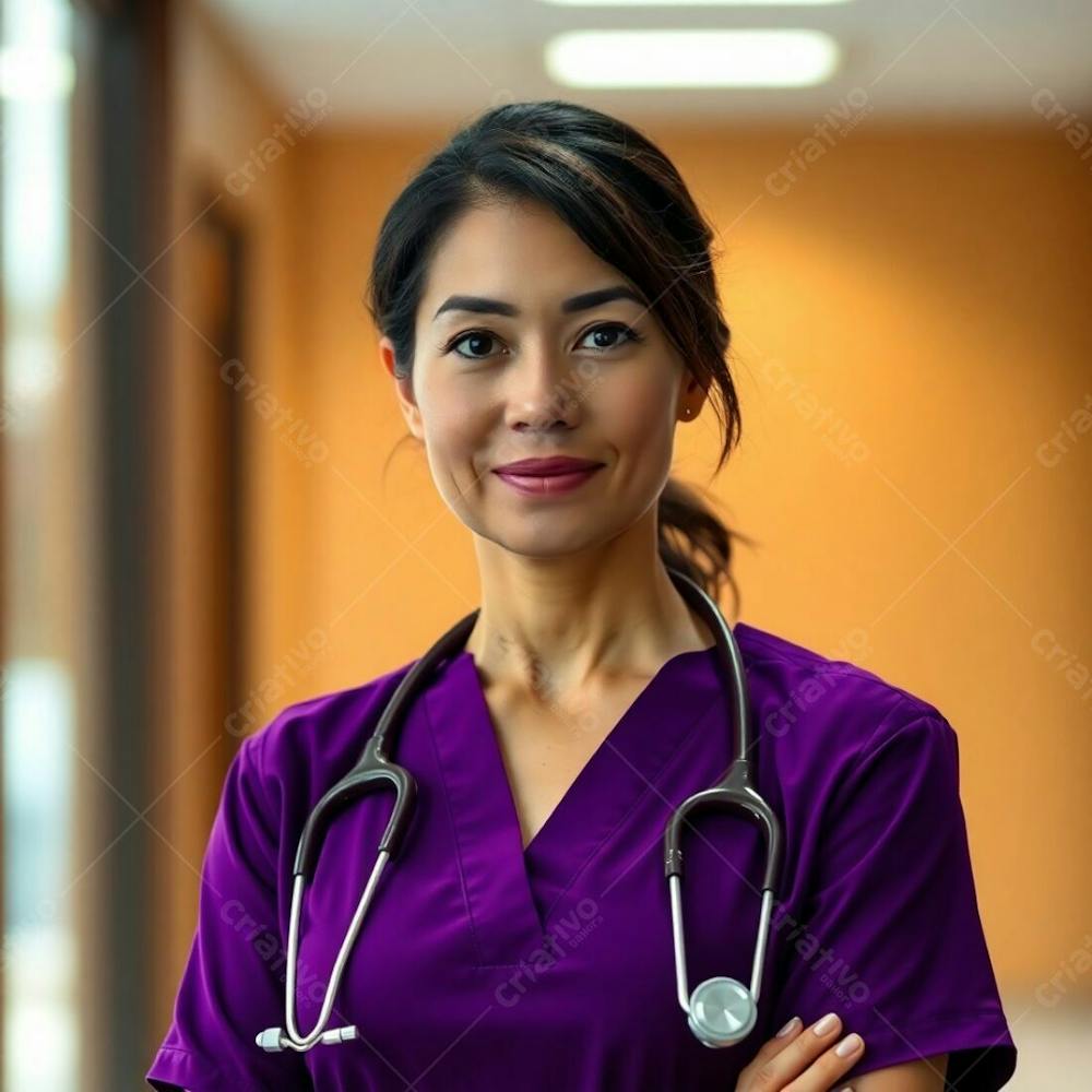 High Resolution Stock Photo A Doctor In A Purple Dress, Sharp Focus, Soft Cinematic Haze, Earth Tones Browns And Beiges, Blurred Bokeh Background, Professional Quality, Commercial Use