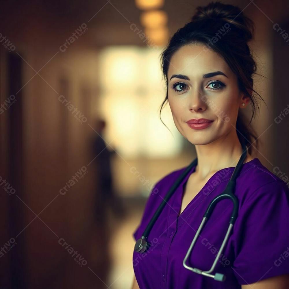 High Resolution Stock Photo A Doctor In A Purple Dress, Sharp Focus, Soft Cinematic Haze, Earth Tones, Browns, Beiges, Muted Colors, Blurred Bokeh Background, Commercial Quality