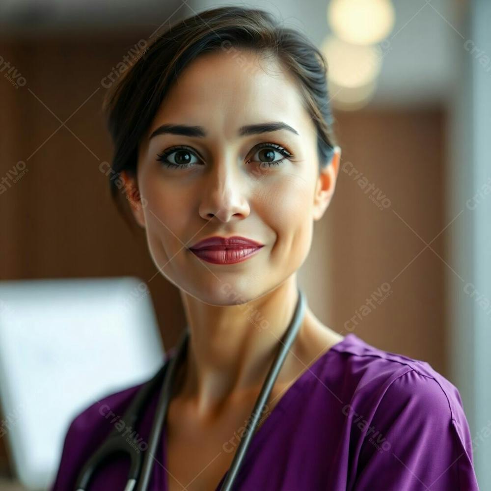 High Resolution Stock Photo A Doctor In A Purple Dress, Sharp Focus, Soft Cinematic Haze, Natural Earth Tones Browns And Beiges, Blurred Bokeh Background, Muted Colors, Professional Quality, Commercial Use