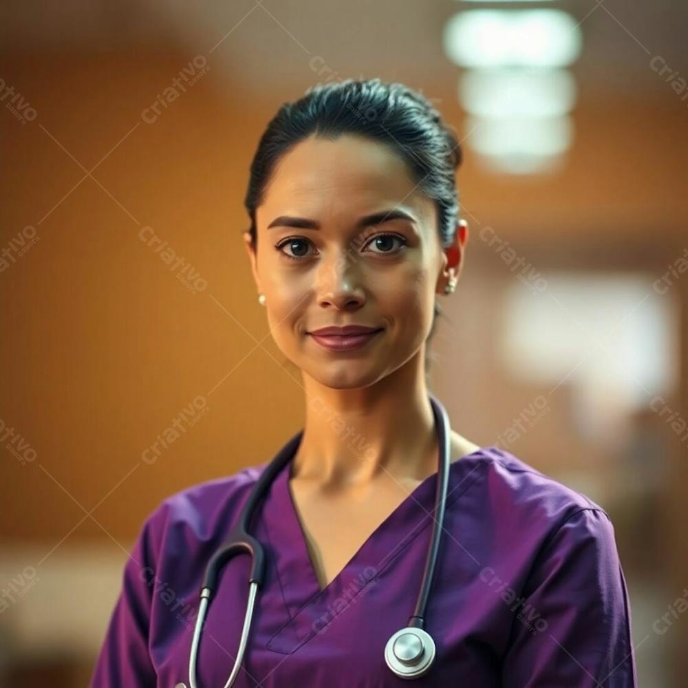 High Resolution Stock Photo A Doctor In A Purple Dress, Sharp Focus, Soft Cinematic Haze, Natural Earth Tones Of Browns And Beiges, Blurred Bokeh Background, Muted Colors, Commercial Quality