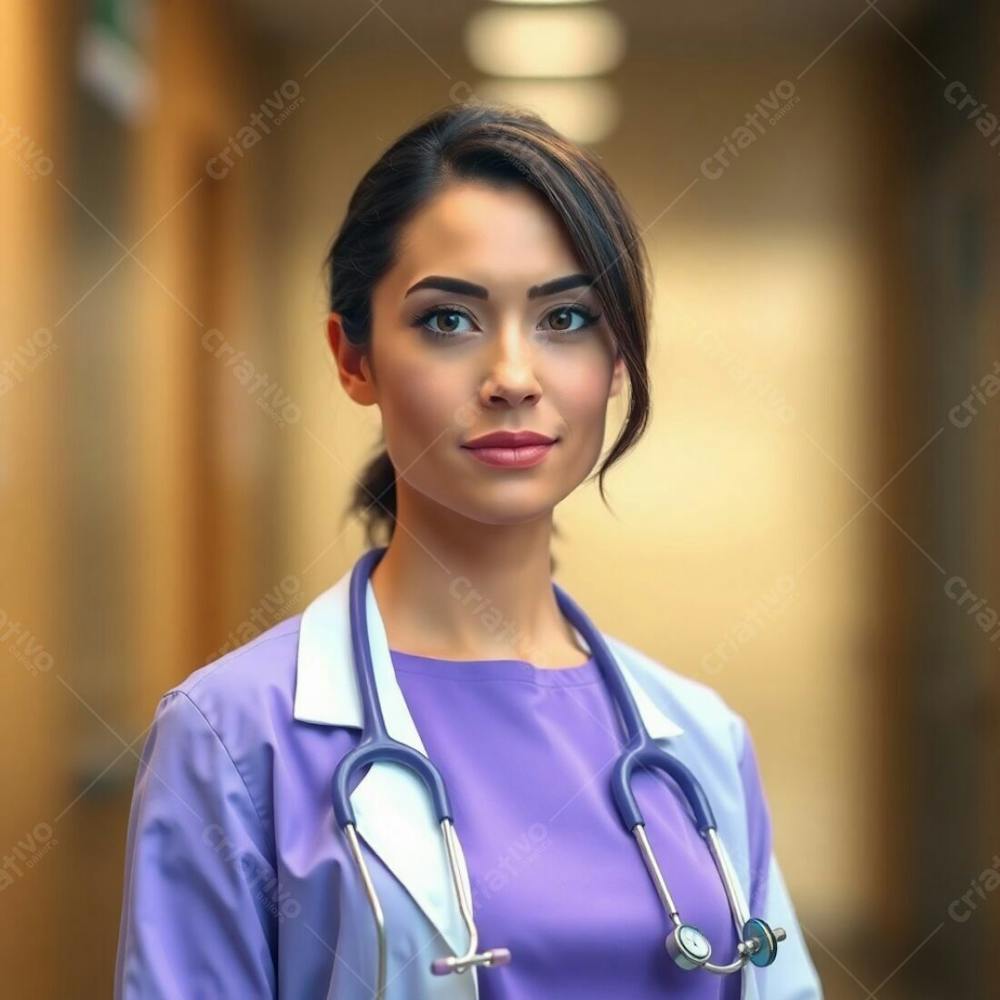 High Resolution Stock Photo A Doctor In A Purple Dress, Sharp Focus, Soft Cinematic Haze, Natural Earth Tones Of Browns And Beiges, Muted Colors, Blurred Bokeh Background, Commercial Quality