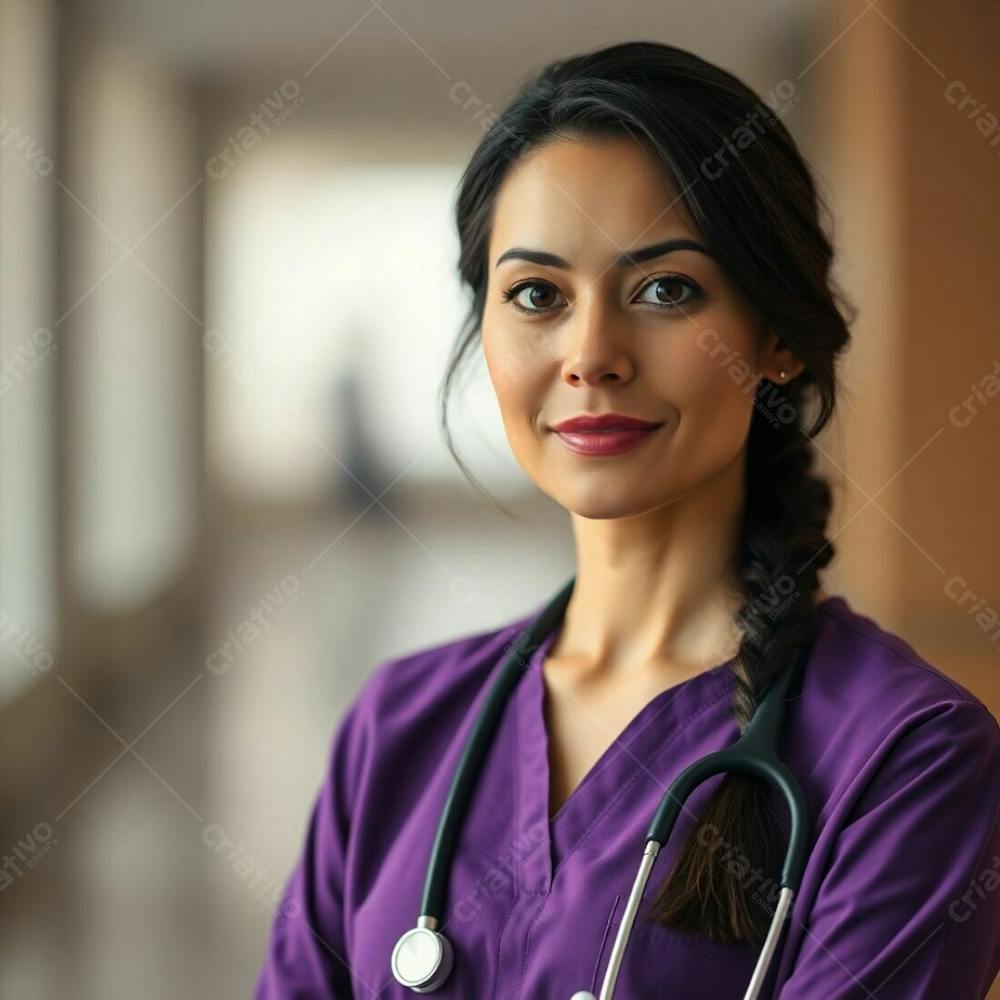 High Resolution Stock Photo A Doctor In A Purple Dress, Sharp Focus, Soft Cinematic Haze, Natural Earth Tones Of Browns And Beiges, Muted Colors, Bokeh Effect, Hazy Background, Commercial Quality