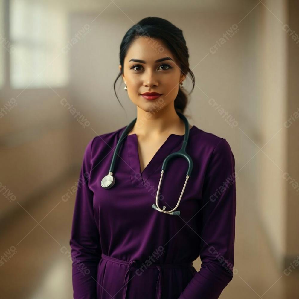 High Resolution Stock Photo A Doctor In A Purple Dress, Soft Cinematic Haze Effect, Earth Tones Browns And Beiges, Muted Colors, Soft Focus On The Hazy Background, Sharp Focus On The Subject, Professional Quality, C