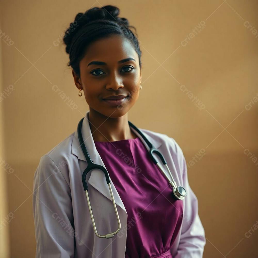 High Resolution Stock Photo A Doctor In A Purple Dress, Soft Cinematic Haze Effect, Earth Tones Browns And Beiges, Muted Colors, Soft Focus, Hazy Background, Sharp Subject, Professional Quality, Commercial Use