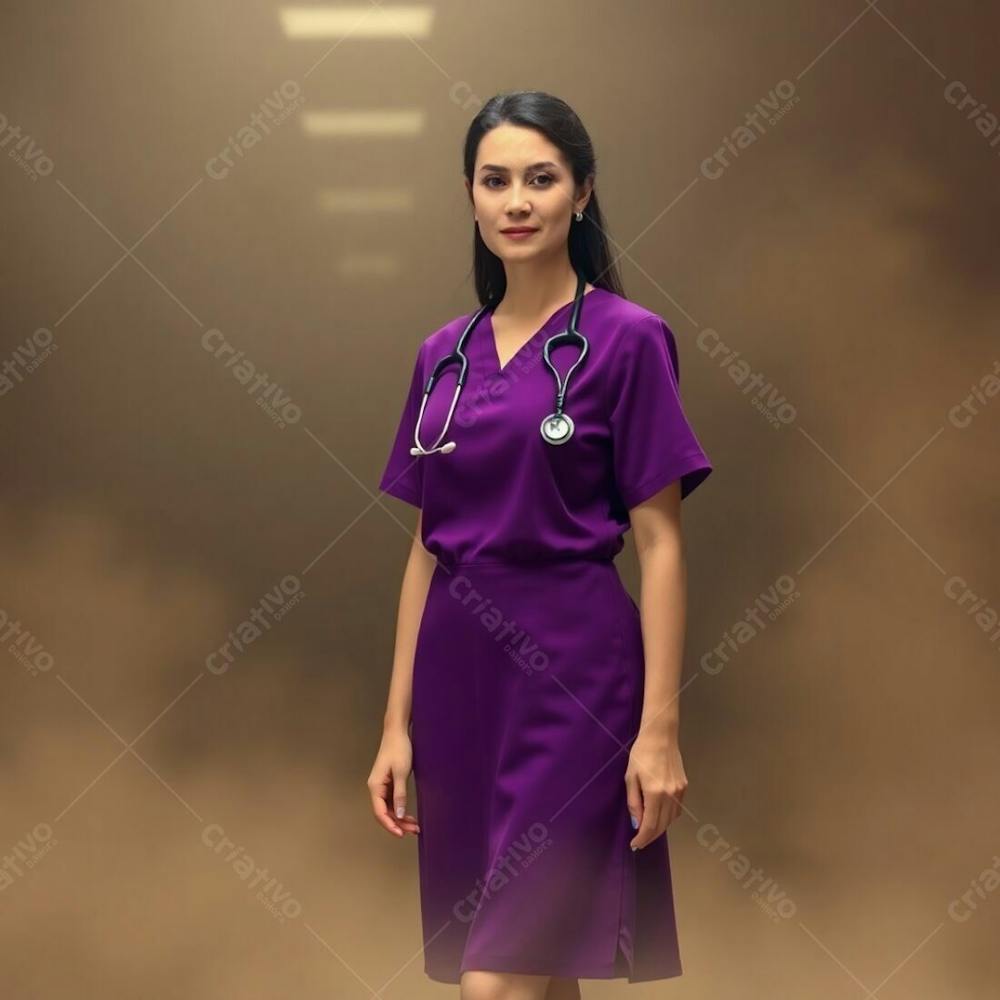 High Resolution Stock Photo A Doctor In A Purple Dress, Soft Cinematic Haze, Earth Tones Browns And Beiges, Muted Colors, Soft Focus, Hazy Background, Sharp Subject, Commercial Quality, Professional Lighting