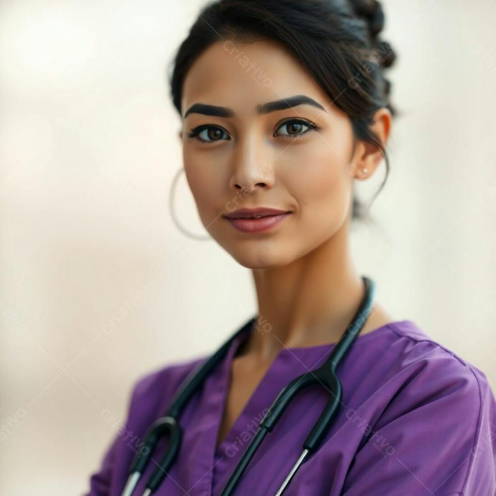 High Resolution Stock Photo A Doctor In A Purple Dress, Soft Focus, Blurred Bokeh, Natural Earth Tone Palette Of Browns And Beiges, Muted Colors, Hazy Background, Sharp Subject, Commercial Quality