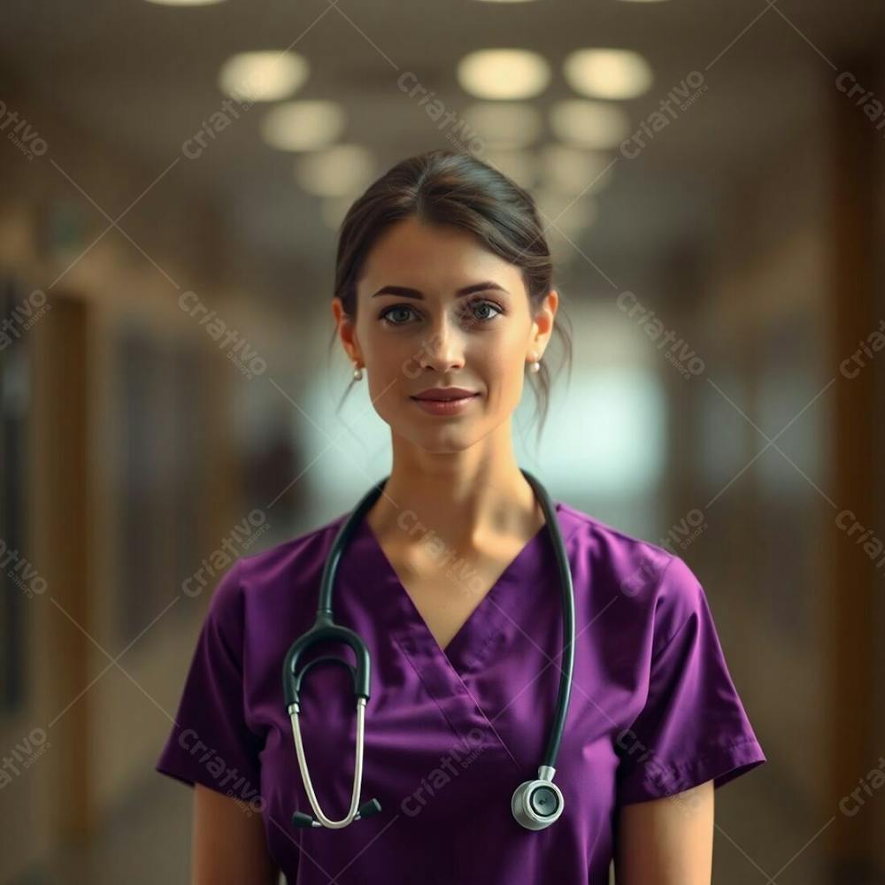 High Resolution Stock Photo A Doctor, In A Purple Dress, Is Sharply In Focus Against A Soft, Hazy, Bokeh Background. Earth Tones, Muted Browns And Beiges, Commercial Feel