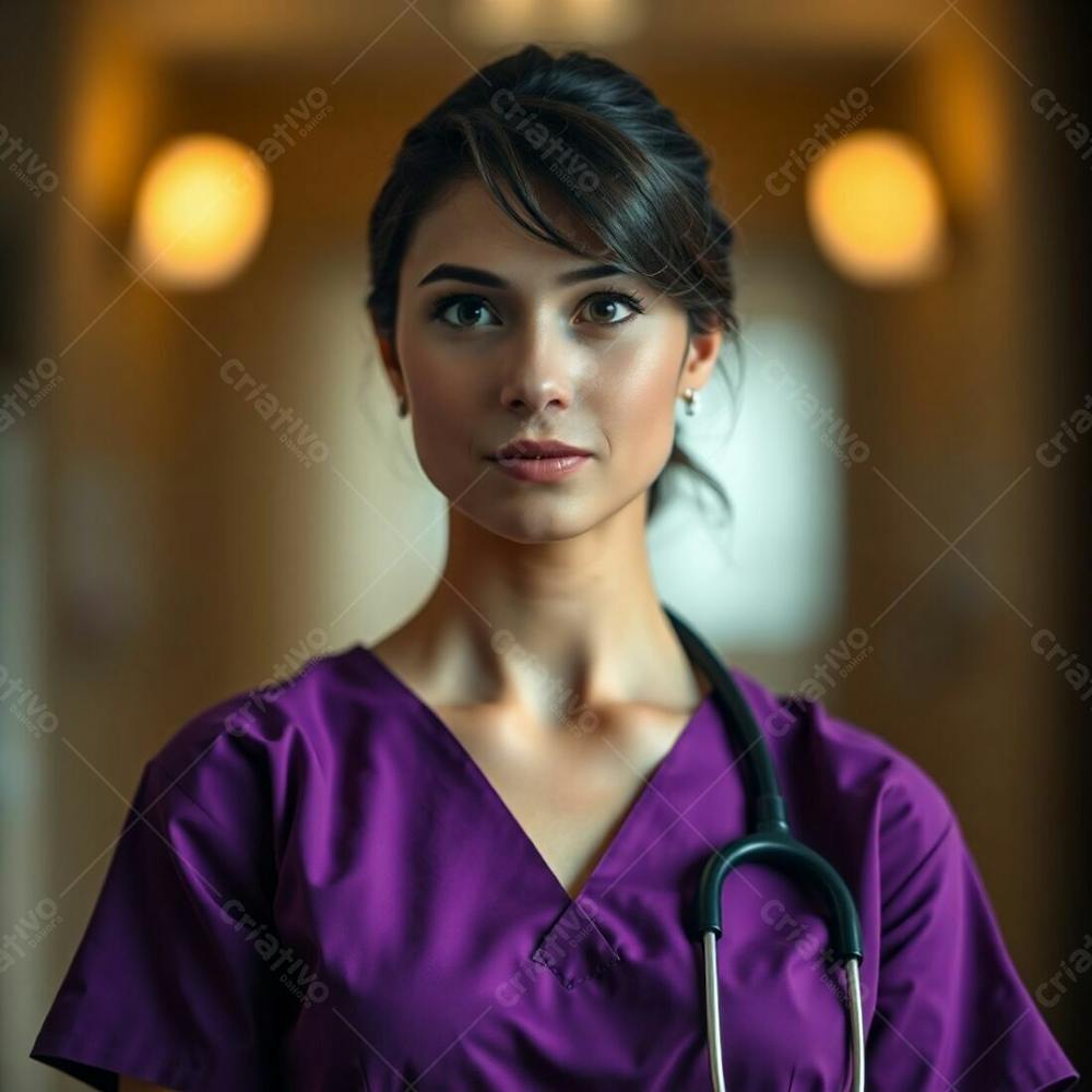 High Resolution Stock Photo A Sharply Focused Physician In A Purple Dress, Soft Focus Background With A Bokeh Effect. Earth Tones, Browns, And Beiges, Muted Colors, Cinematic Haze. Soft Light, Commercial Quality