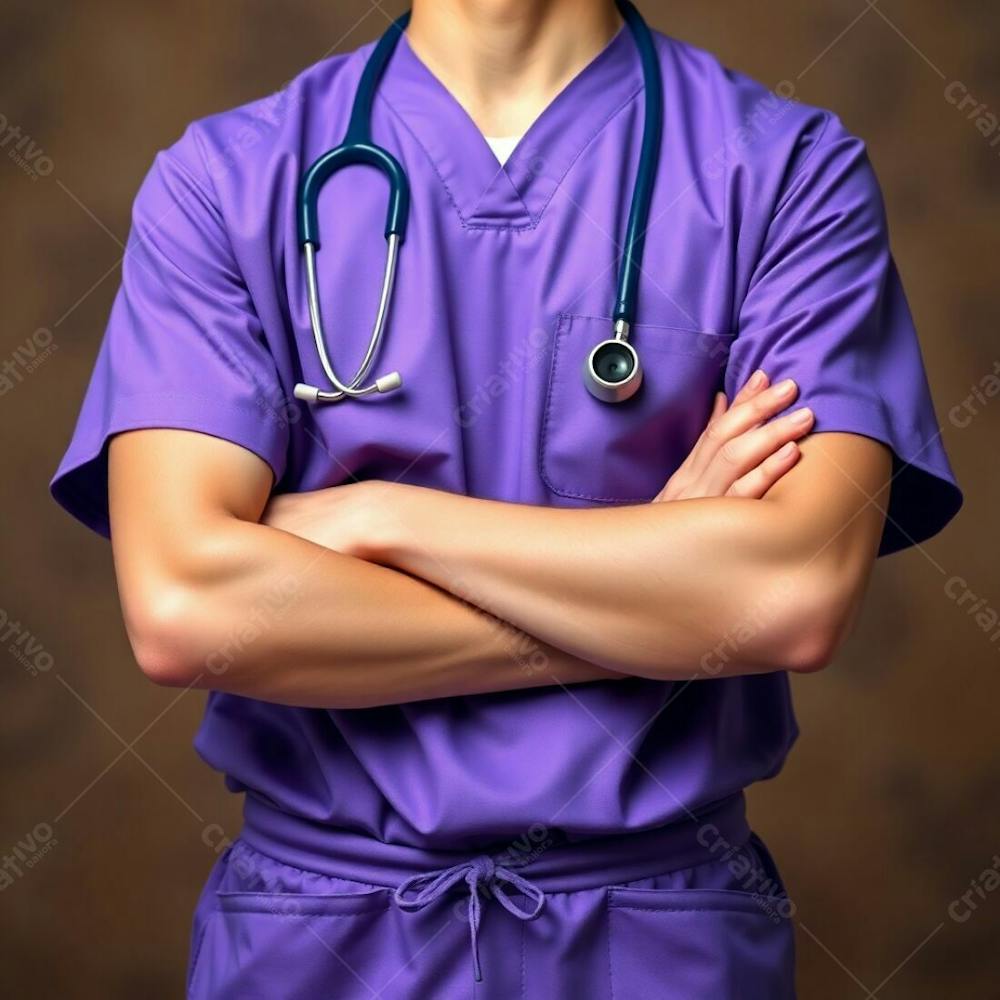 High Resolution Stock Photo A Young Man, Waist Up, In A Purple Medical Uniform, Arms Crossed. The Background Is Softly Focused With A Bokeh Effect And Natural Earth Tones Of Brown And Beige. The Lighting Is Subtle,