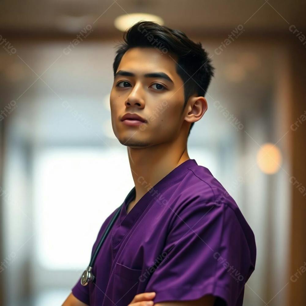 High Resolution Stock Photo A Young Man, Waist Up, Wearing A Purple Medical Uniform. Soft Cinematic Haze, Earth Tones Browns And Beiges, Blurred Bokeh Effect. Sharp Subject Focus, Soft Hazy Background. Commercial,