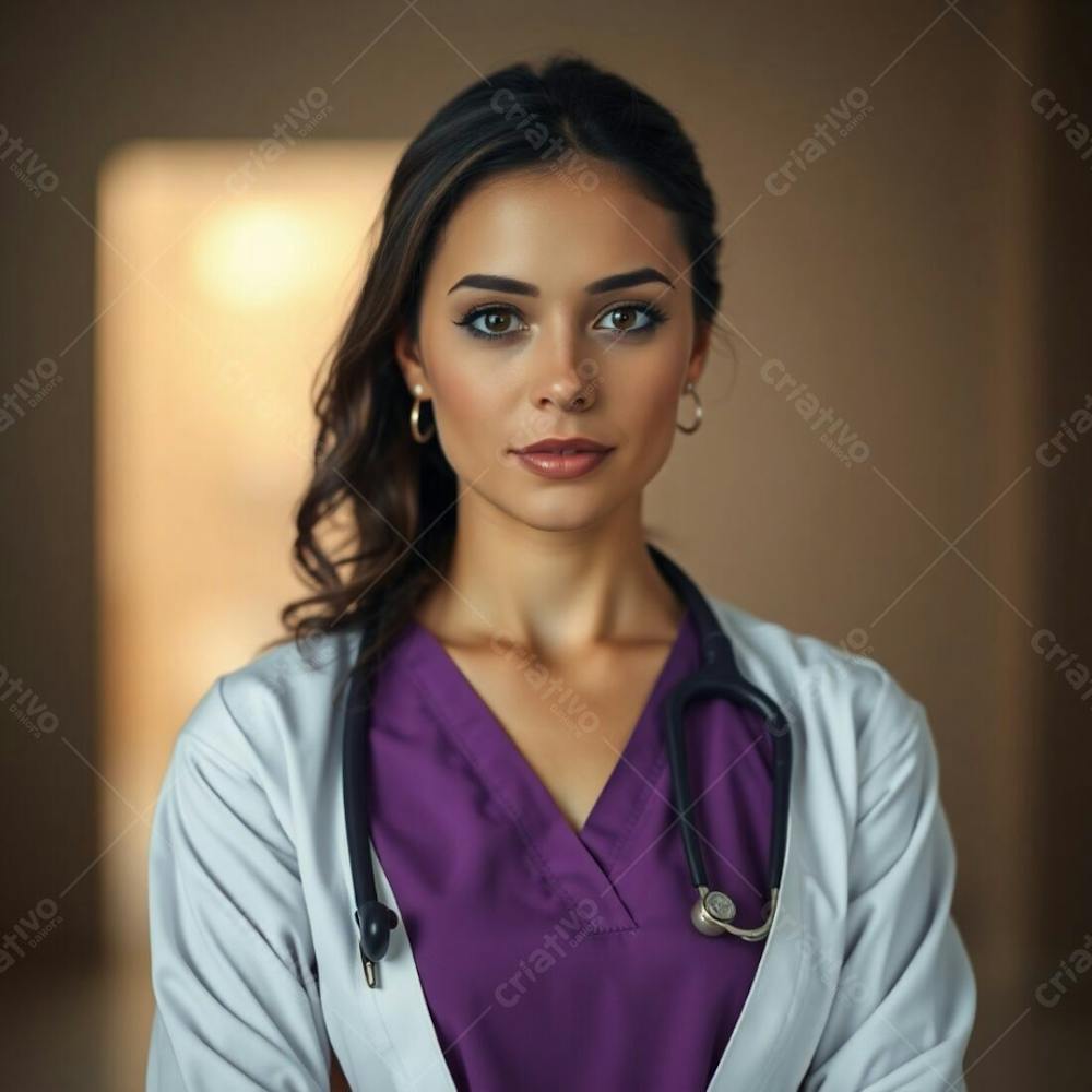 High Resolution Stock Photo Cinematic Lighting, Soft Focus, Hazy Background, Natural Earth Tones, Browns And Beiges, Muted Colors, Bokeh Effect, Sharp Focus On A Doctor Wearing A Purple Dress, Professional Quality