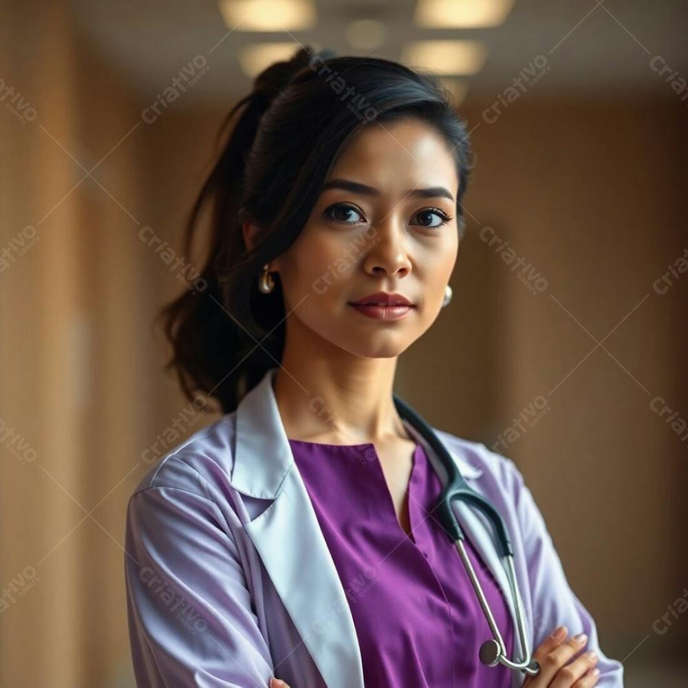 High Resolution Stock Photo Cinematic Portrait Of A Doctor In A Purple Dress. Soft Focus Background With Bokeh Lights, Natural Earth Tones, Browns And Beiges, Muted Color Palette, Professional Quality