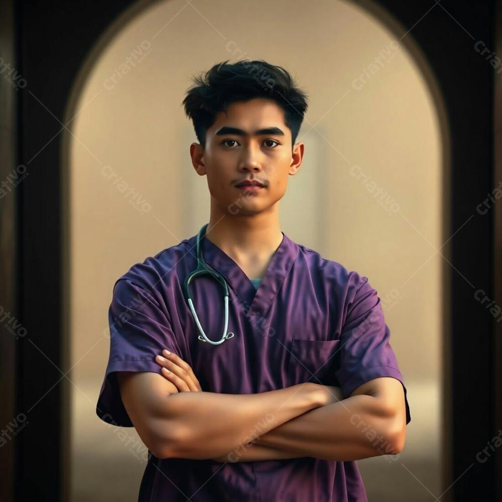 High Resolution Stock Photo Cinematic Portrait, Waist Up, Of A Young Man Wearing A Purple Medical Uniform, Arms Crossed. Soft Focus, Hazy Background. Muted Earth Tones, Browns And Beiges. Professional, Commercial