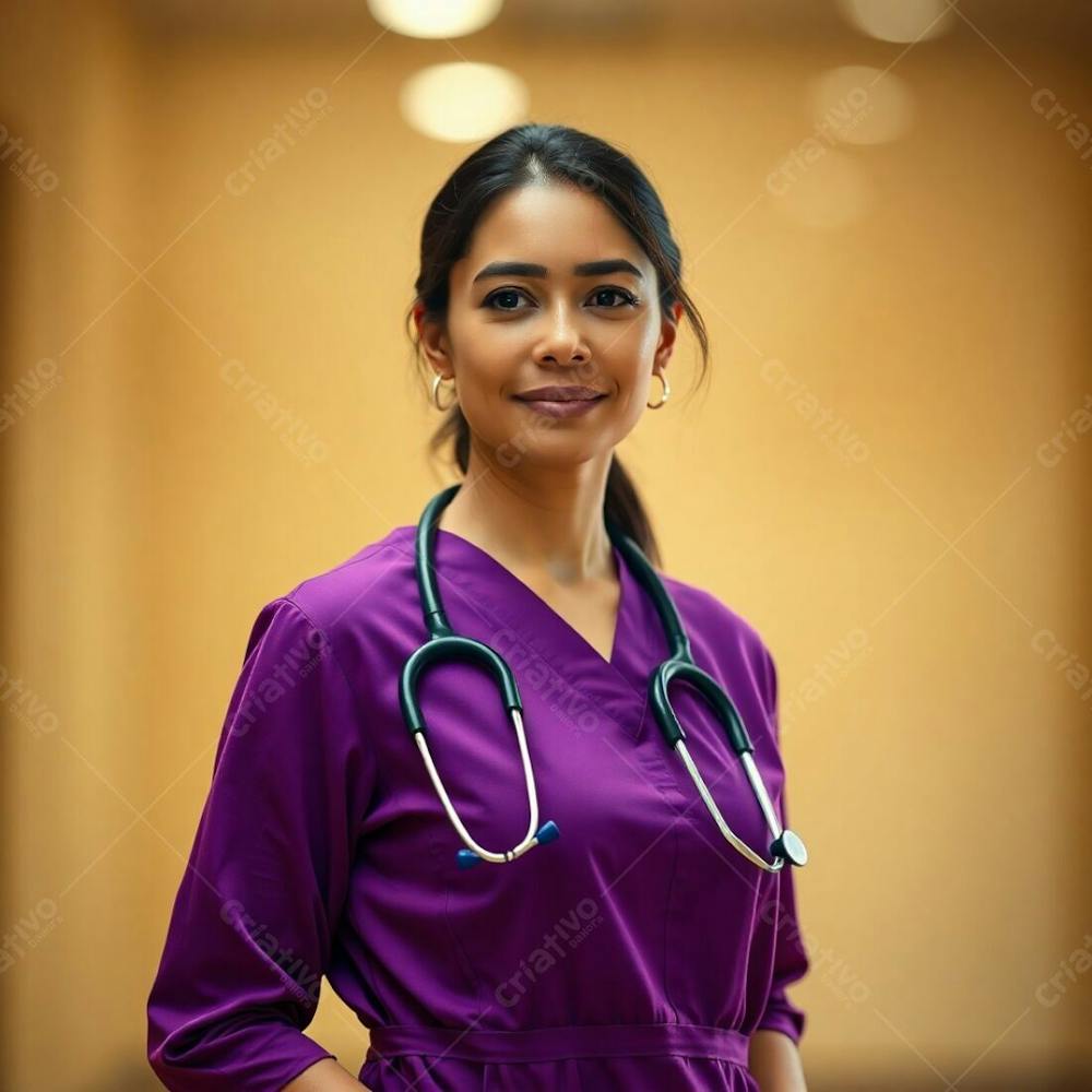 High Resolution Stock Photo Commercial Quality Image. A Doctor, Wearing A Purple Dress, Is The Sharp Focus, Set Against A Soft, Blurred Bokeh Background. Natural Earth Tones, Browns, And Beiges, Soft Cinematic Haze