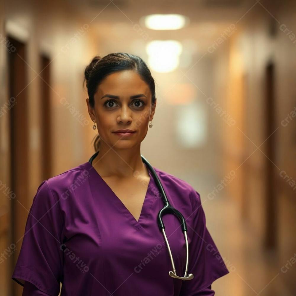 High Resolution Stock Photo For Commercial Use Doctor In A Purple Dress, Sharp Focus, Soft Focus Background, Blurred Bokeh Effect, Cinematic Lighting, Earth Tones, Browns And Beiges, Muted Colors, Hazy Atmosphere