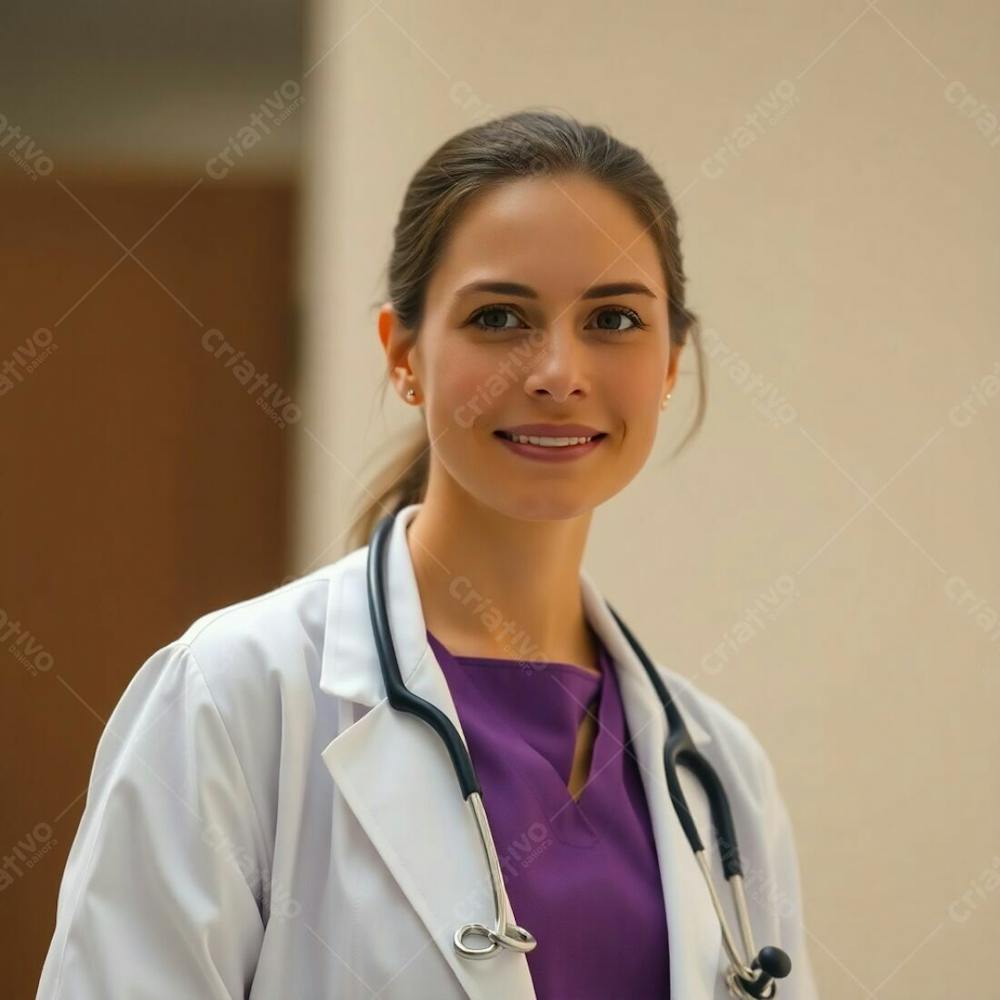 High Resolution Stock Photo Of A Doctor In A Purple Dress, Soft Cinematic Haze, Natural Earth Tones, Browns, Beiges, Muted Colors, Soft Focus, Hazy Background, Sharp Subject, Bokeh Effect, Commercial Use