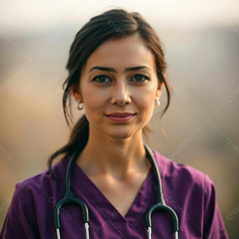 High Resolution Stock Photo Of A Doctor In A Purple Dress, Soft Focus, Blurred Bokeh, Cinematic Haze, Natural Earth Tones, Browns, Beiges, Muted Colors, Hazy Background, Sharp Subject Focus, Commercial, Professional