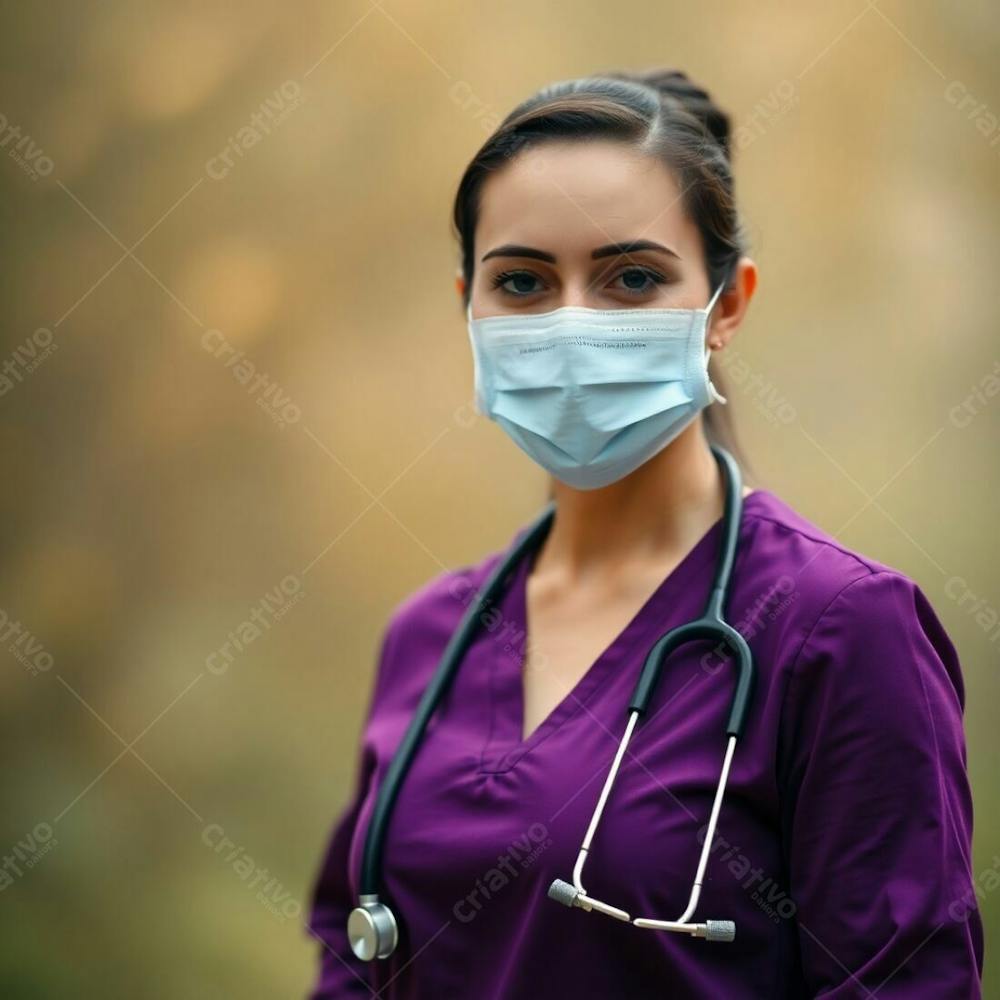 High Resolution Stock Photo Of A Doctor Wearing A Purple Dress, Soft Focus, Blurred Bokeh, Natural Earth Tones, Browns, Beiges, Muted Colors, Hazy Background, Sharp Subject, Commercial, Professional Quality