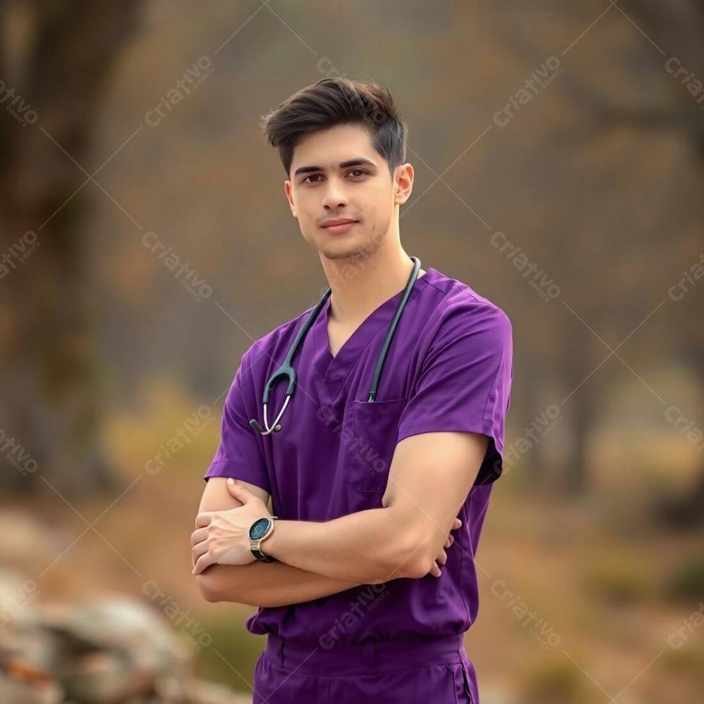 High Resolution Stock Photo Of A Young Man In A Purple Medical Uniform. His Arms Are Crossed, The Background Features A Soft Bokeh Effect And Natural Earth Tones. The Style Is Commercial Photography, Colors Are Mu