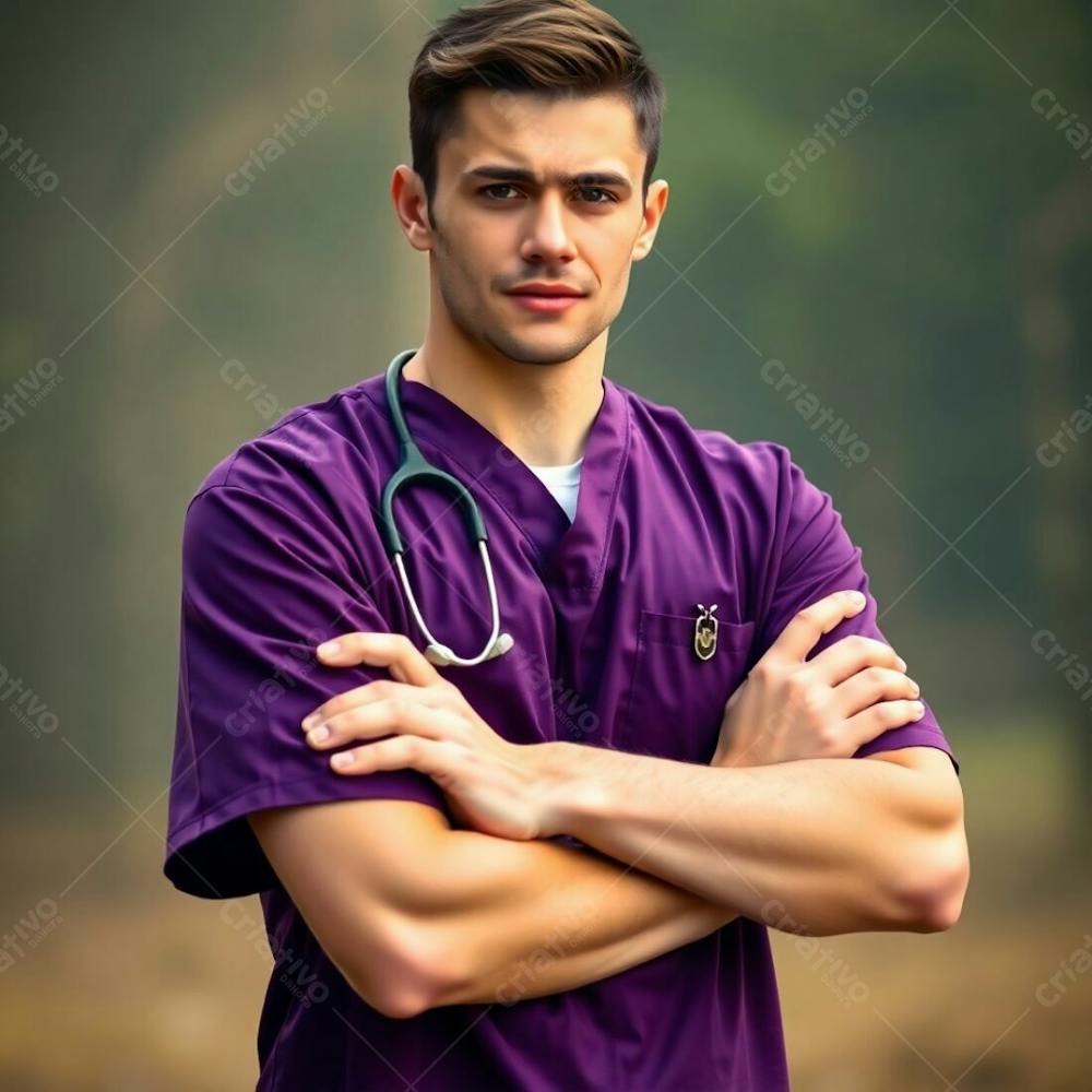 High Resolution Stock Photo Of A Young Man With Light Skin, Wearing A Purple Medical Uniform, Arms Crossed, Waist Up. Soft Focus, Hazy Background With A Bokeh Effect And Natural Earth Tones. Browns And Beiges Domina