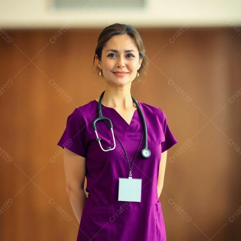 High Resolution Stock Photo Professional Quality Image. A Doctor In A Purple Dress Stands Out Against A Softly Blurred Background With A Bokeh Effect. Earth Tones, Browns, Beiges, Muted Colors, Soft Cinematic Ligh