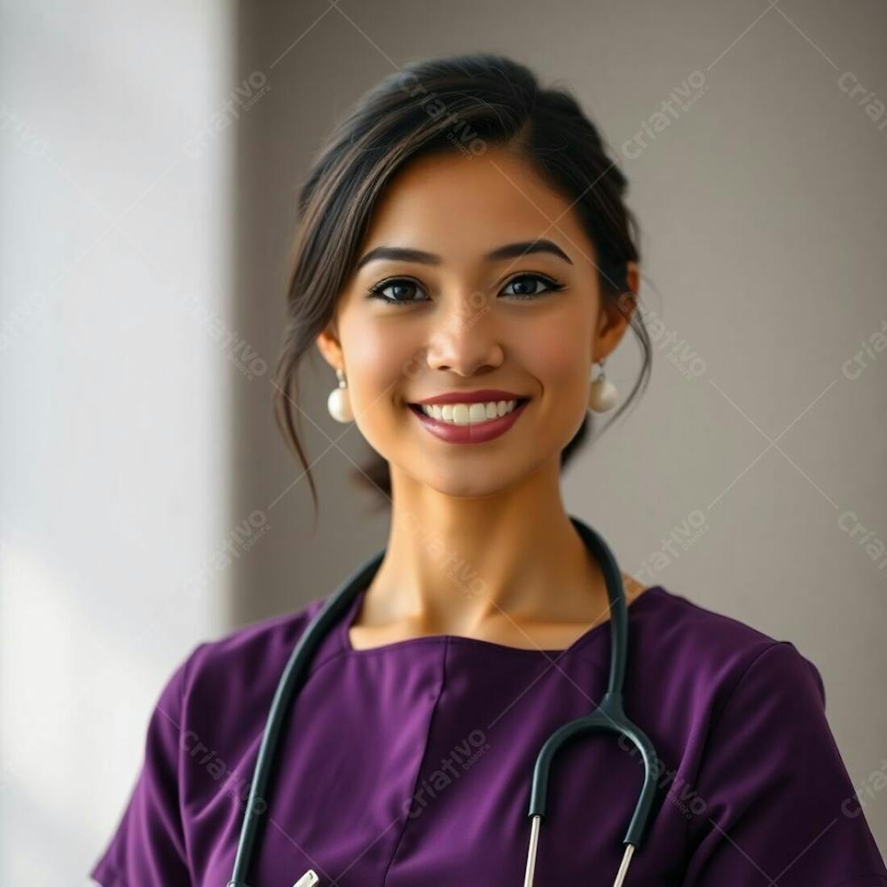 High Resolution Stock Photo Professional Portrait Of A Female Physician In A Purple Dress Against A Softly Blurred Background. Muted Earth Tones, Soft Cinematic Lighting, Shallow Depth Of Field