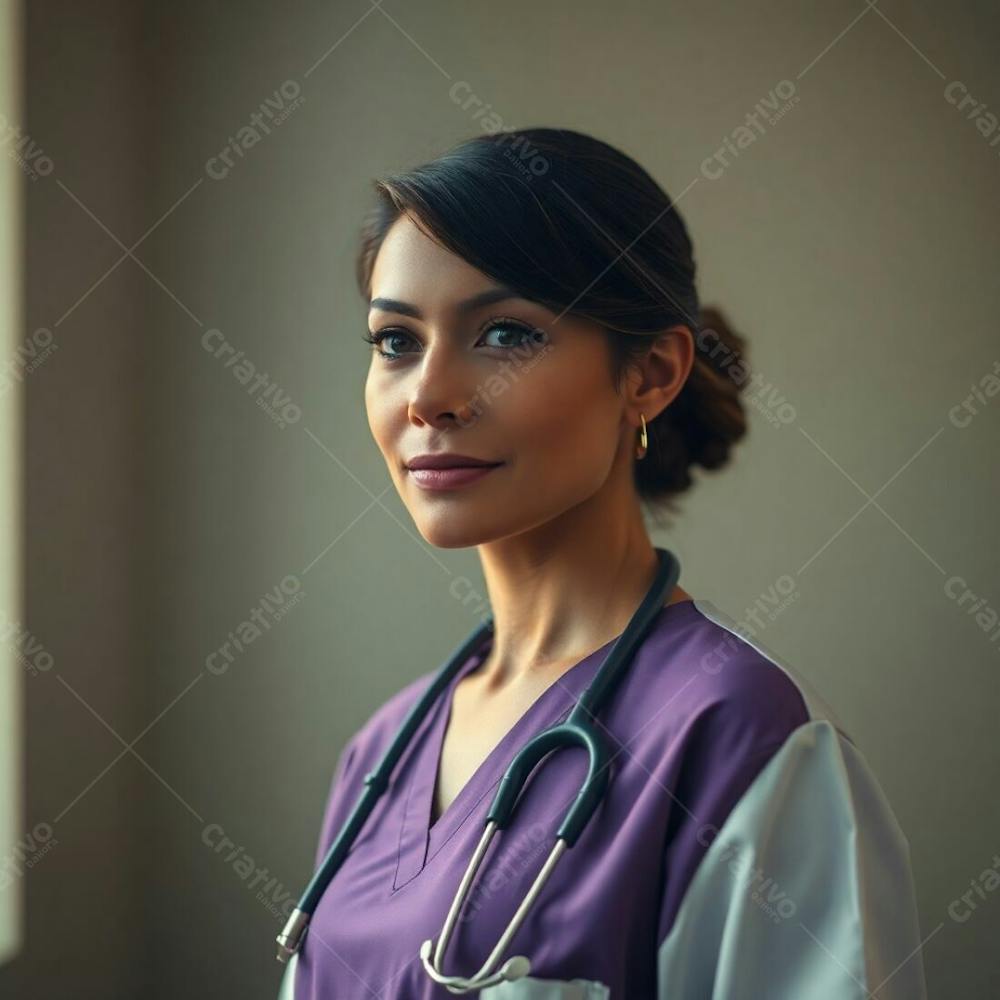 High Resolution Stock Photo Soft Cinematic Lighting Bathes A Doctor In A Purple Dress. Muted Earth Tones, Browns, And Beiges Dominate. Bokeh Effect Creates A Hazy Background. Sharp Subject Focus, Commercial Quality